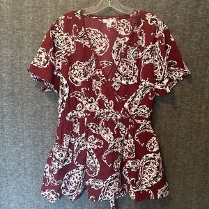 Crown & Ivy Top Womens 3X Red Paisley Wrap‎ Tie Waist Rayon Blouse Ladies